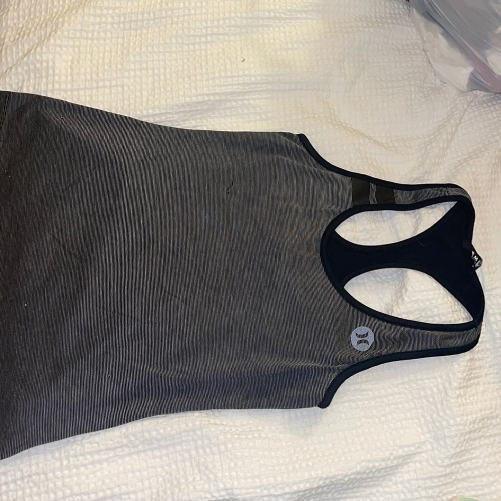 Black and gray striped workout top
